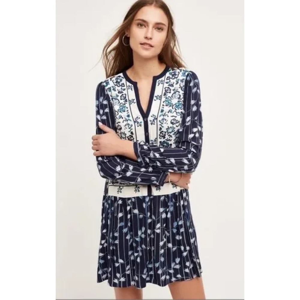 Tiny Floral Embroidered Mini Dress Long Sleeve Casual Boho Chic‎ XS